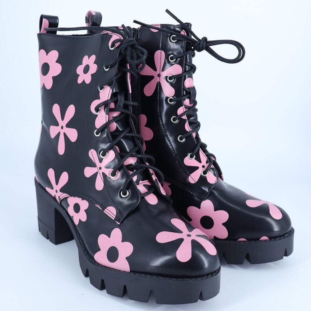 Allegra K Platform Heeled Boots Black Pink Floral Lace Up Women's 41/US 10